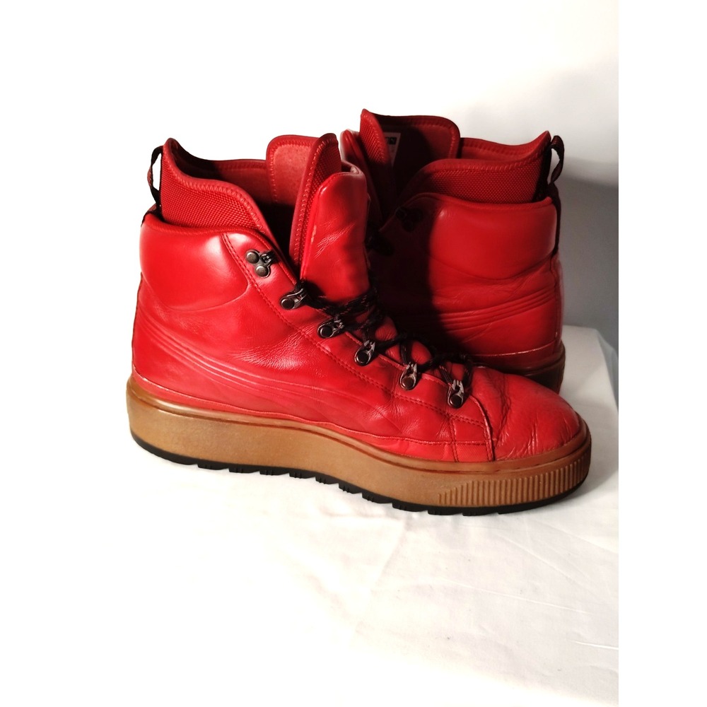 Puma Ren Red Leather Boots Men 12 Double Tongue Thick Sole Waterproof 366511‑01